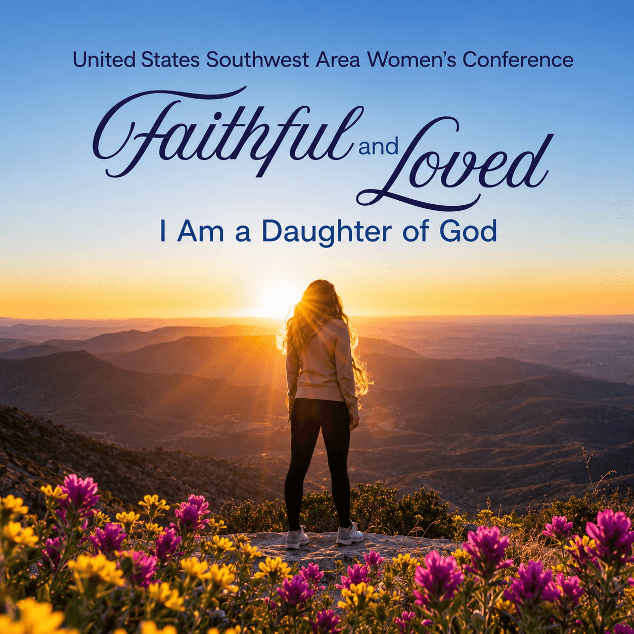 Faithful and Loved — I am a daughter of God. A woman looks out over a sunlit mountain valley framed by wildflowers.