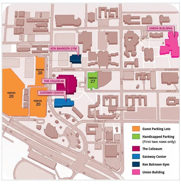 Map of the University of North Texas campus in Denton. The Coliseum is at the centre, with the Gateway Center immediately south of it, Ken Bahnsen Gym to the north and the Union Building to the north-east. Guest parking is in the Lots 20 west of the Coliseum; handicapped parking is in Lot 27 to the east.