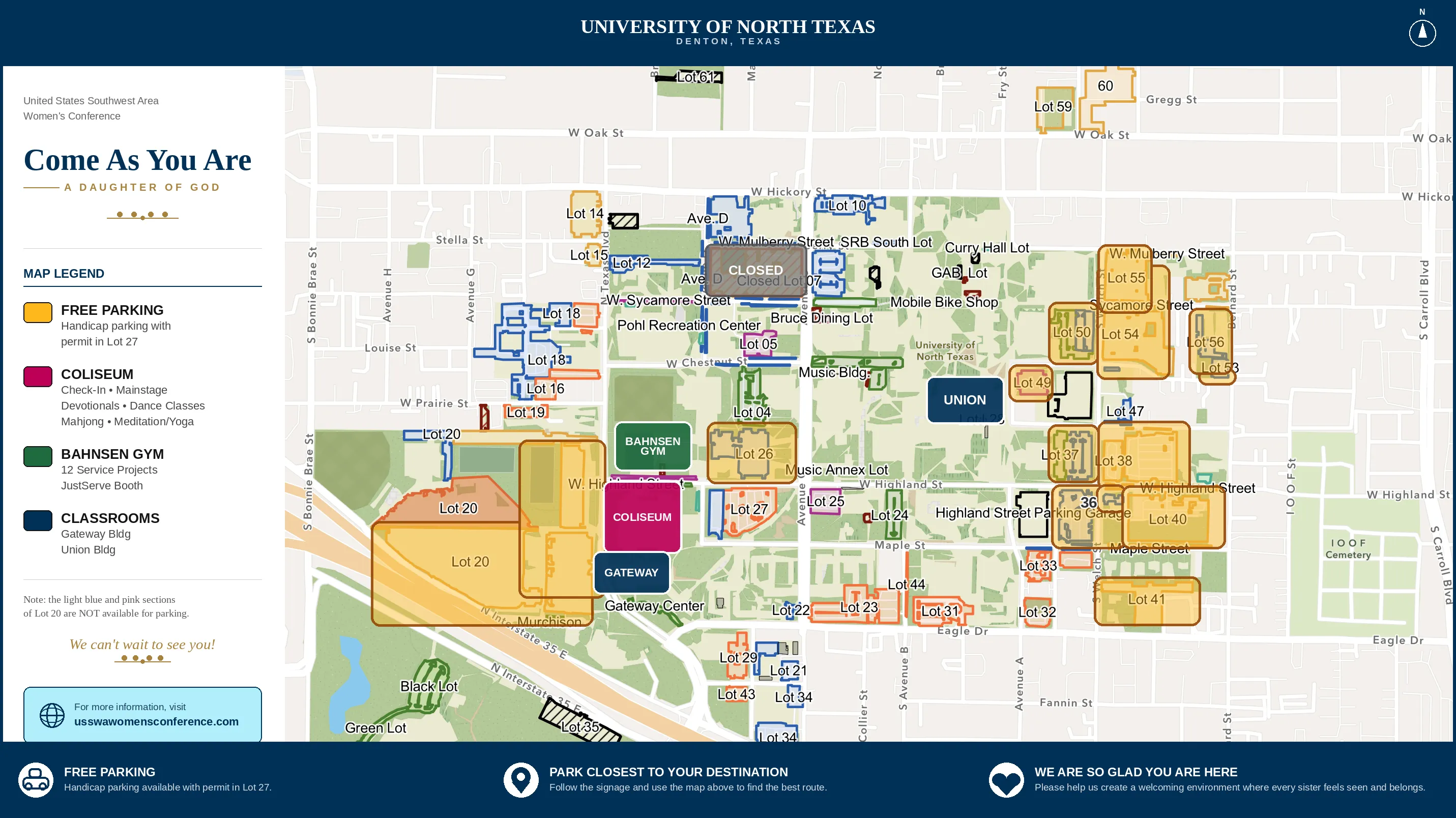 Parking map of the University of North Texas campus in Denton. Free parking lots are shaded yellow; the largest are the Lots 20 just west of the Coliseum, with more across the east side of campus. Handicap parking with a permit is in Lot 27. Lot 07 is closed, and the light blue and pink sections of Lot 20 are not available for parking. Buildings: the Coliseum (check-in, main stage, devotionals, dance classes, Mahjong, meditation and yoga), Bahnsen Gym (12 service projects and the JustServe booth), and classrooms in the Gateway and Union buildings.